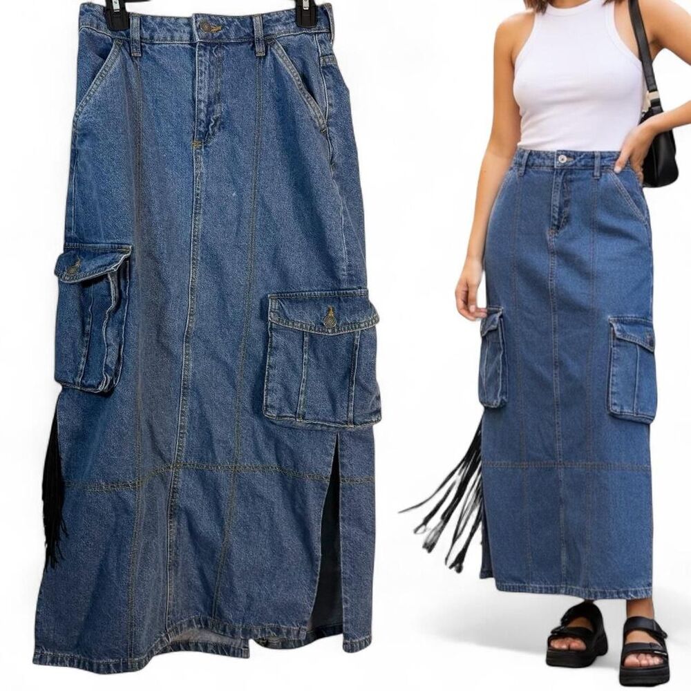 Cotton On Blue Denim Maxi Cargo Skirt with Asymmetrical Fringe Detail